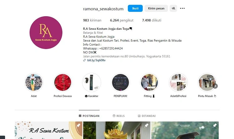 R.A sewa kostum Jogja, Sumber: instagram @ramona_sewakostum