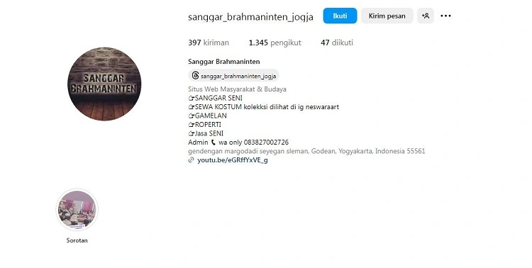 Sanggar Brahmaninten, Sumber: instagram @sanggar_brahmaninten_jogja