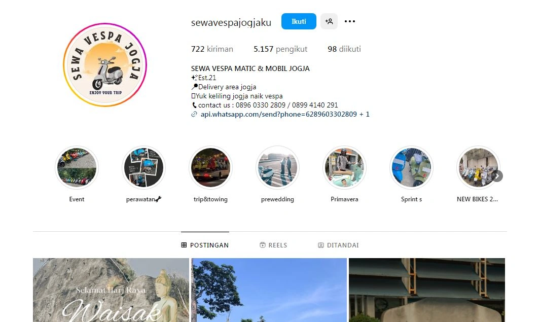Sewa vespa Jogjaku, Sumber: instagram @sewavespajogjaku