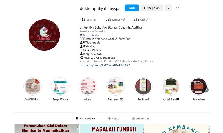 dr Apriliya dan fisioterapi tumbuh kembang, Sumber: instagram @dokterapriliyababyspa
