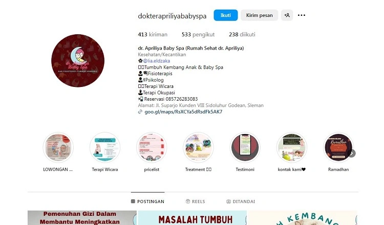 dr. Apriliya dan fisioterapi tumbuh kembang, Sumber: instagram @dokterapriliyababyspa
